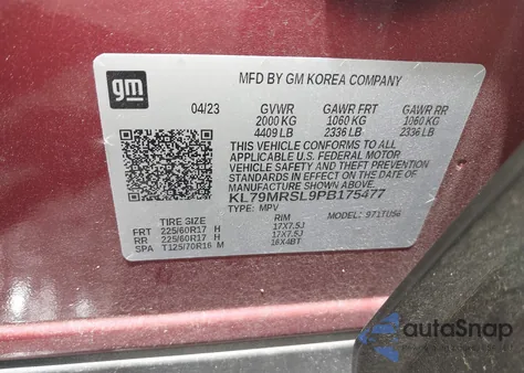 2023 Chevrolet Trailblazer Lt z USA, uszkodzony, nr VIN KL79MRSL9PB175477